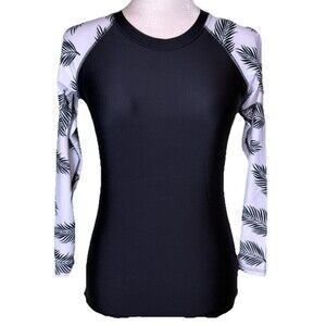 Women’s UV Swim Shirt Rashguard Long Sleeve Black White Tropical Palm Size Small